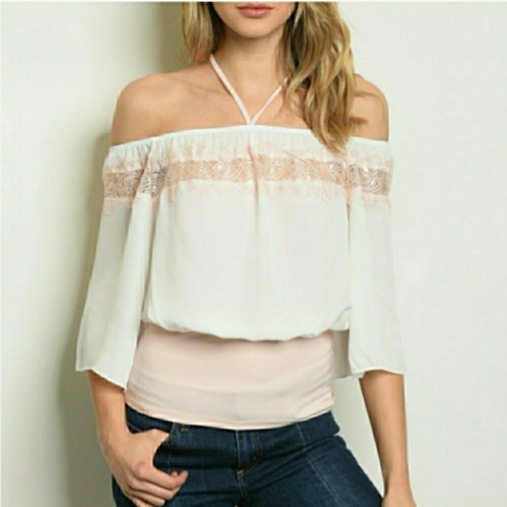FREESIA Off The Shoulder Sheer White Blouse Large